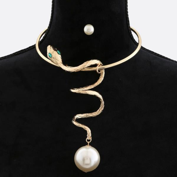 SNAKE PEARL BEAD METAL NECKLACE