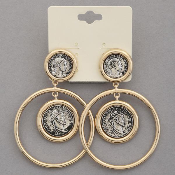 MEDALLION DOUBLE CIRCLE METAL DANGLE EARRING