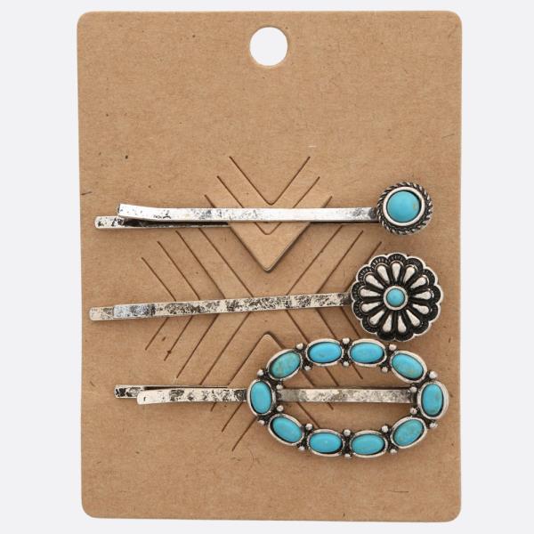 WESTERN STYLE OVAL TURQUOISE BEAD HAIR PIN SET