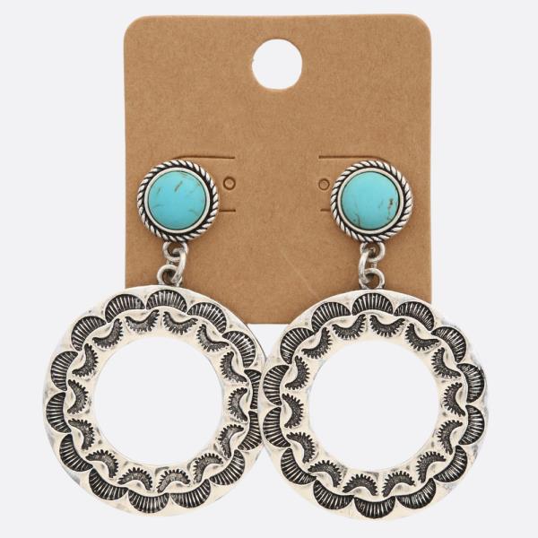 WESTERN STYLE ROUND TURQUOISE BEAD DANGLE EARRING