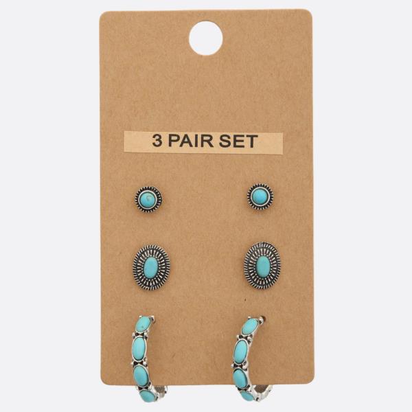 WESTERN STYLE HOOP TURQUOISE BEAD ASSORTED EARRING SET