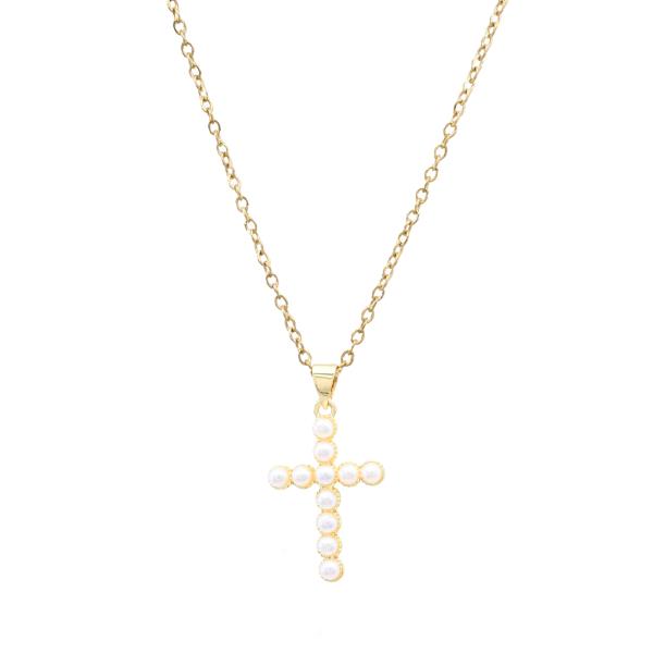 CROSS PEARL BEAD PENDANT NECKLACE