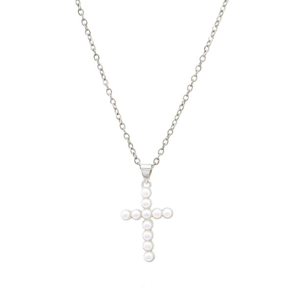 CROSS PEARL BEAD PENDANT NECKLACE