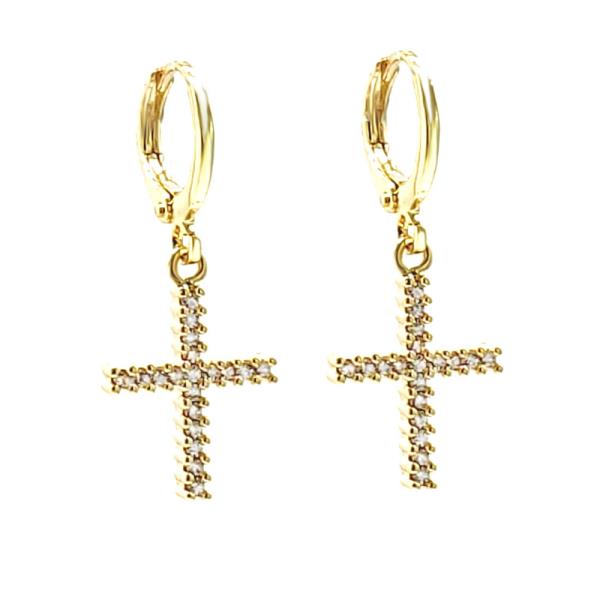 CZ CROSS DANGLE HUGGIE EARRING