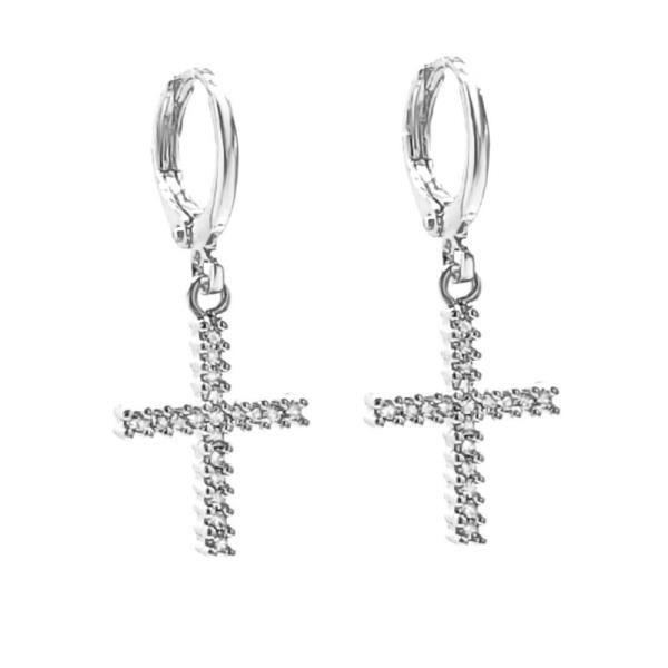 CZ CROSS DANGLE HUGGIE EARRING