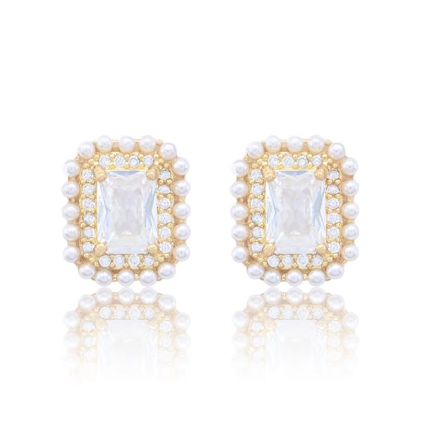 RECTANGLE CZ PEARL BEAD EARRING