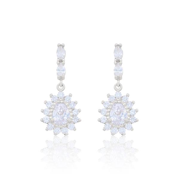 CZ OVAL EMBELLISH FLOWER DANGLE EARRING