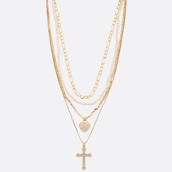 SDJ HEART CROSS CHARM PEARL BEAD LAYERED NECKLACE