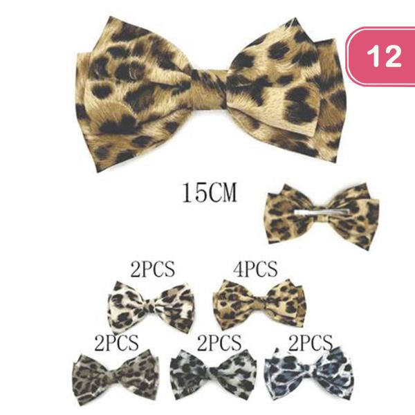 LEOPARD RIBBON HAIR BOW PIN (12 UNITS)