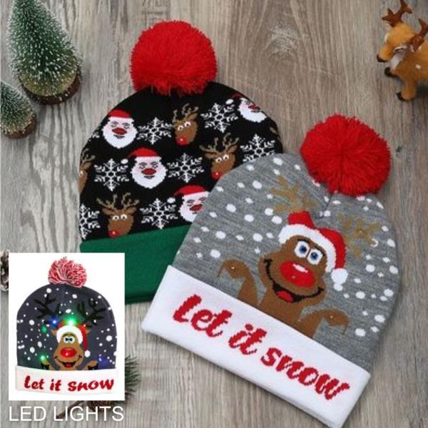 (PRE-ORDER/ONLY ONLINE) CHRISTMAS LED LIGHT GRAPHIC BEANIE WITH POMPOM (12 UNITS)