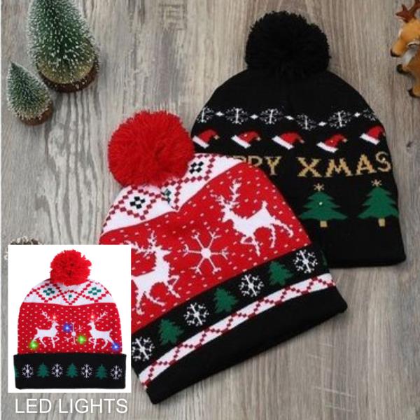 (ONLINE ONLY) CHRISTMAS LED LIGHT GRAPHIC BEANIE WITH POMPOM (12 UNITS)