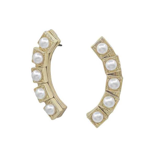 WAVE SHAPE PEARL ACCENT TEXTURED POST EARRING