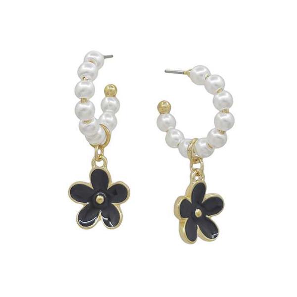 PEARL HOOP WITH EPOXY COLOR COATED FLOWER DROP EARRING