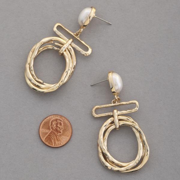 OVAL PEARL DOUBLE CIRCLE LINK DANGLE EARRING