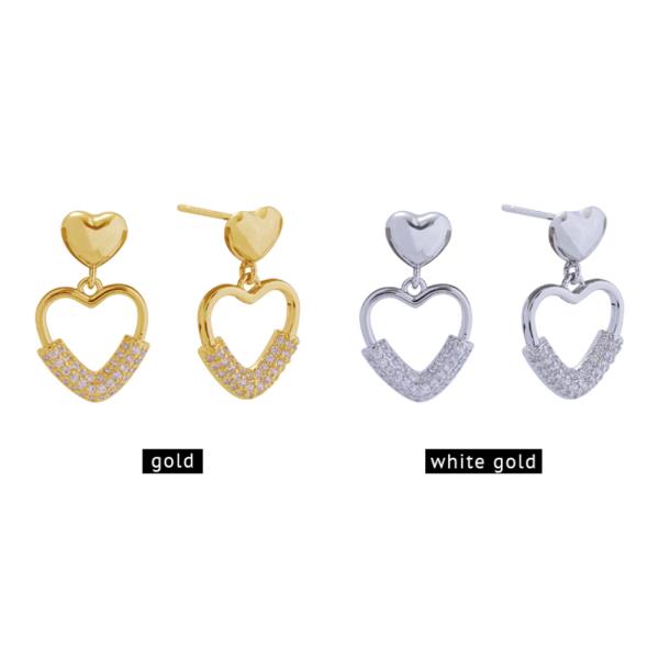 14K GOLD/WHITE GOLD DIPPED DOUBLE HEART DROP POST EARRINGS