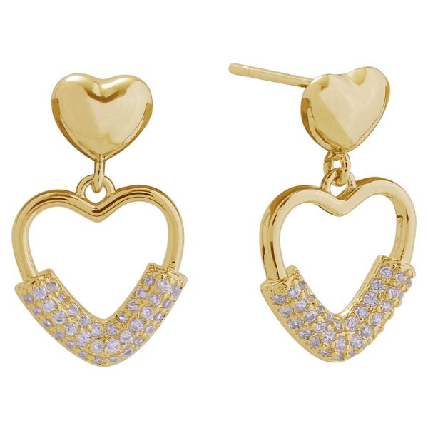 14K GOLD/WHITE GOLD DIPPED DOUBLE HEART DROP POST EARRINGS