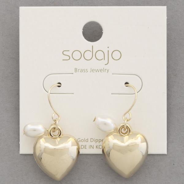 SODAJO PUFFY HEART PEARL BEAD GOLD DIPPED DANGLE EARRING