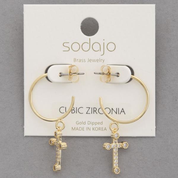 SODAJO CZ CROSS OPEN HOOP GOLD DIPPED EARRING