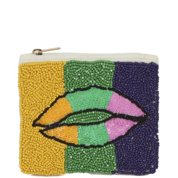 SEED BEAD MARDI GRAS LIP COIN PURSE BAG