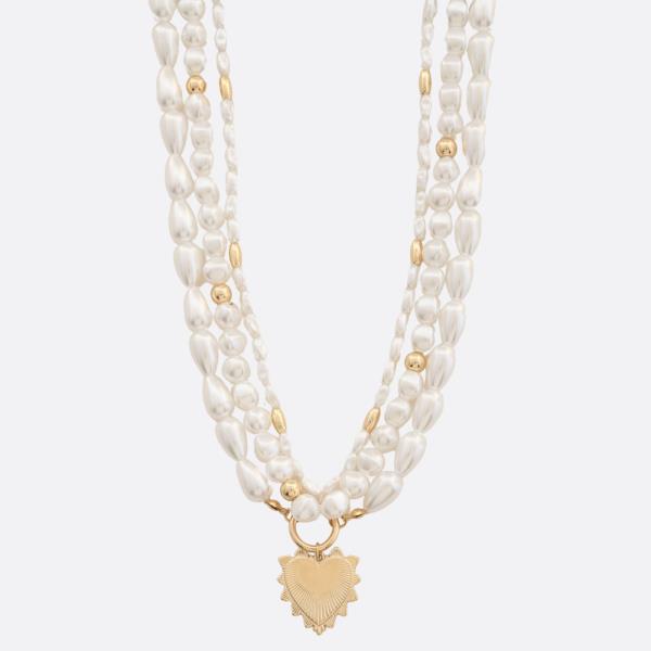 PEARL BEAD HEART CHARM LAYERED NECKLACE