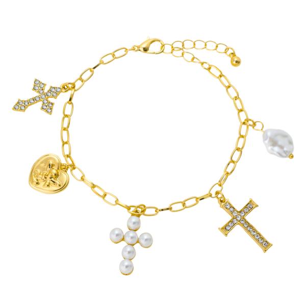 CROSS HEART PEARL CHARM BRACELET