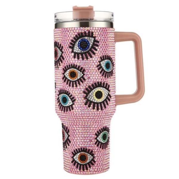 RHINESTONE EVIL EYE 40 OZ TUMBLER CUP WITH HANDLE