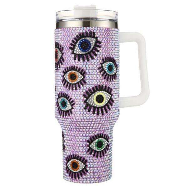 RHINESTONE EVIL EYE 40 OZ TUMBLER CUP WITH HANDLE