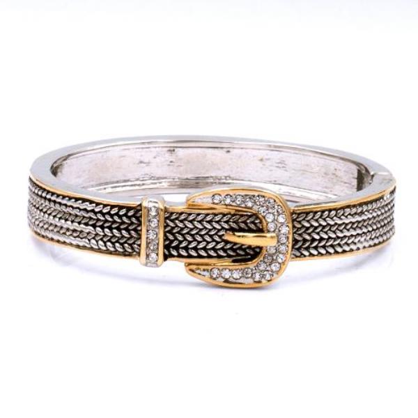 RHINESTONE METAL TRI TONE BELT BANGLE BRACELET