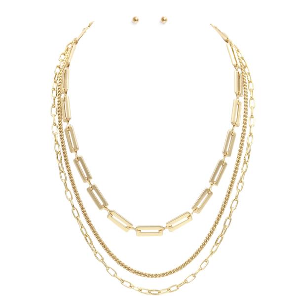 3 LAYERED METAL CHAIN NECKLACE EARRING SET