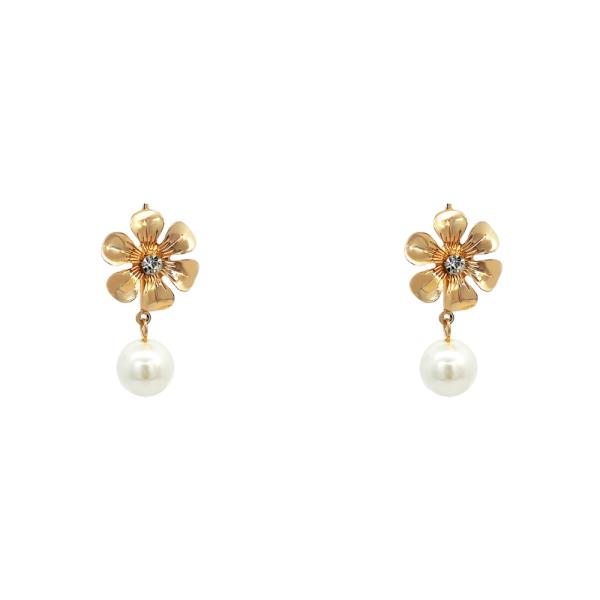 METAL FLOWER PEARL DANGLE EARRING