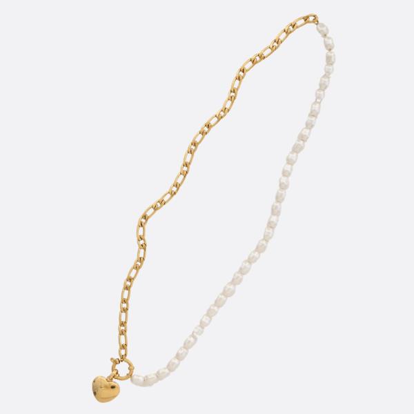 HEART CHARM PEARL BEAD METAL LINK NECKLACE