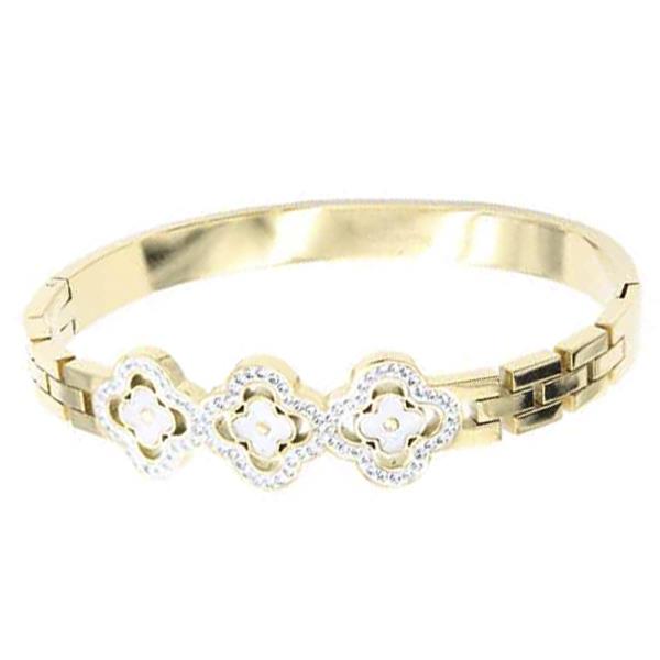 CZ CLOVER HINGED STAINLESS STEEL BANGLE BRACELET