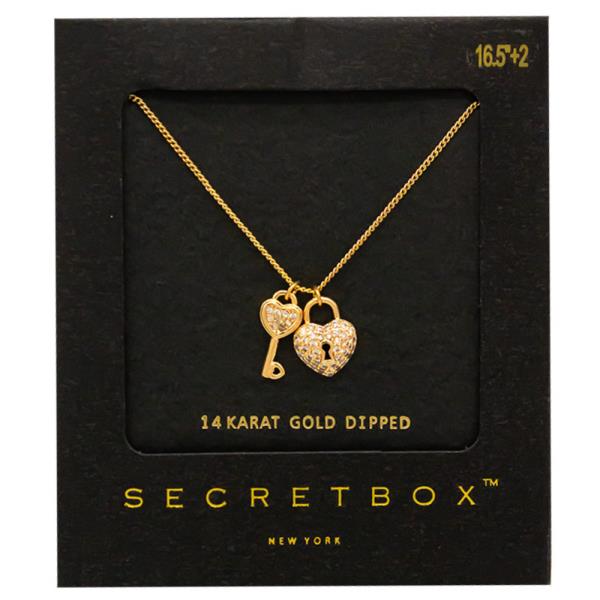 SECRET BOX 14K GOLD DIPPED HEART LOCK KEY CHARM NECKLACE