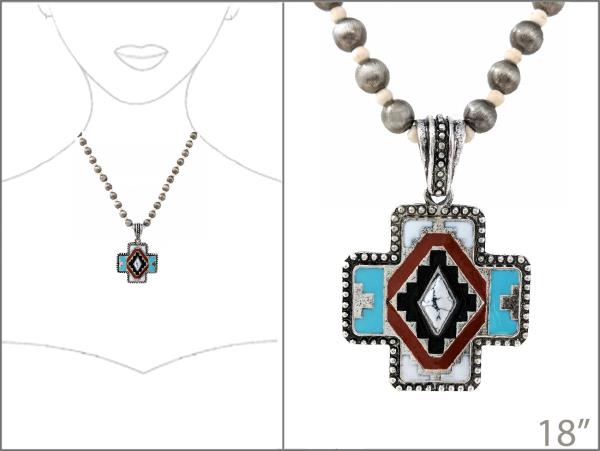 WESTERN STYLE WIDE CROSS PENDANT BEADED NECKLACE