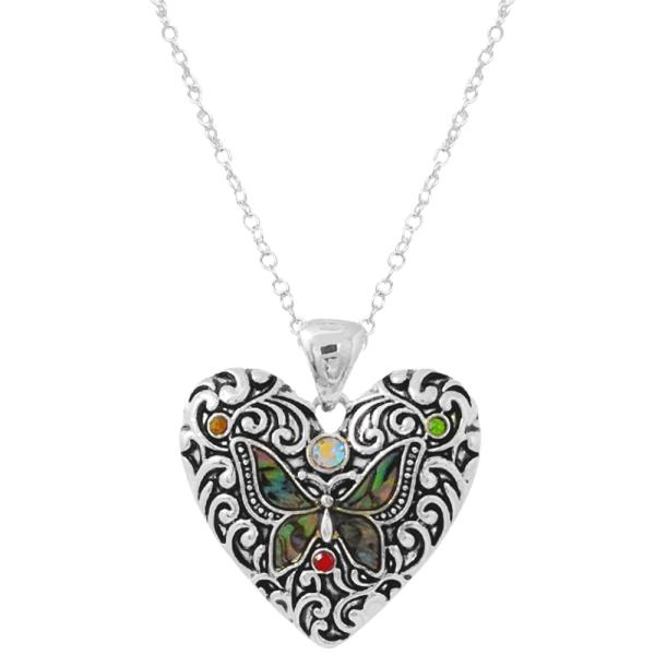 HEART FILIGREE ABALONE BUTTERFLY METAL PENDANT NECKLACE