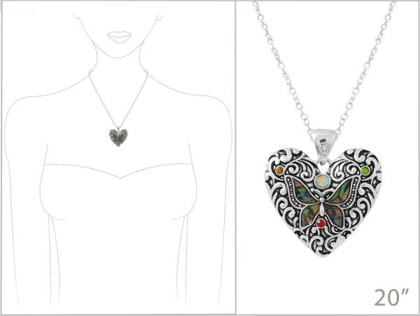 HEART FILIGREE ABALONE BUTTERFLY METAL PENDANT NECKLACE