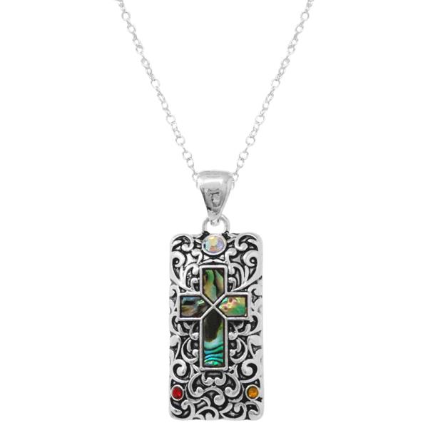 RECTANGLE FILIGREE ABALONE CROSS PENDANT NECKLACE