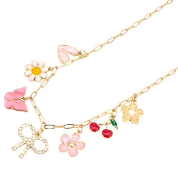 RIBBON FLOWER MULTI CHARM NECKLACE