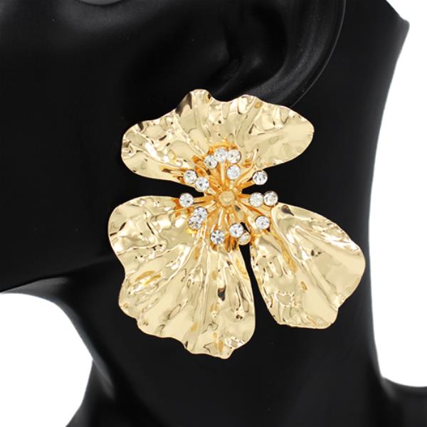 HAMMERED METAL RHINESTONE FLOWER EARRING