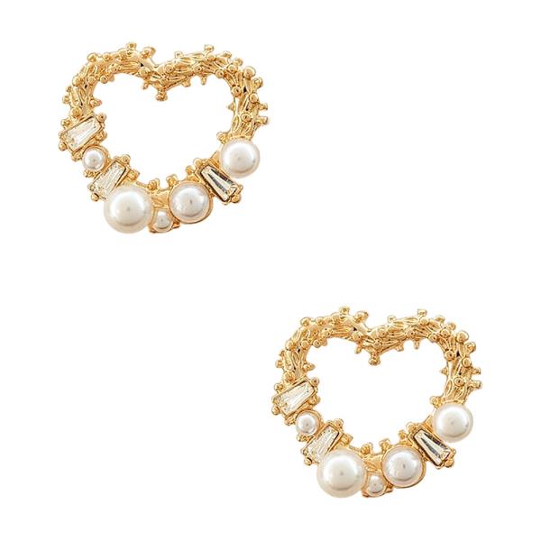 PEARL BEAD RHINESTONE HEART SHAPE EARRING