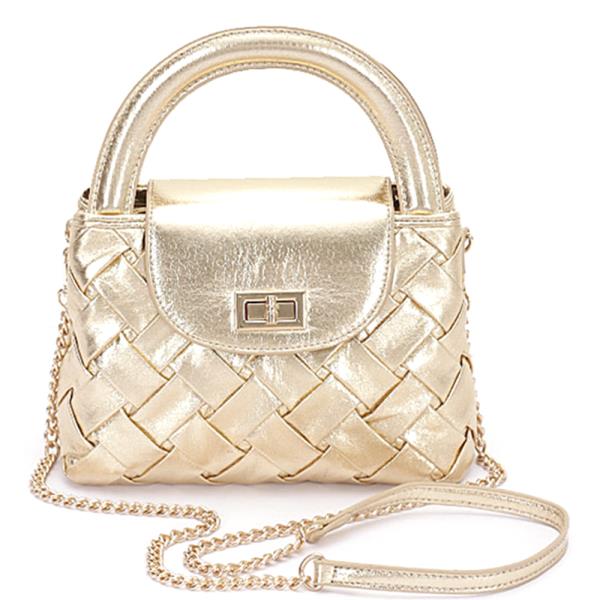 FAUX METALLIC LEATHER BRAIDED EMBOSSED HANDLE BAG