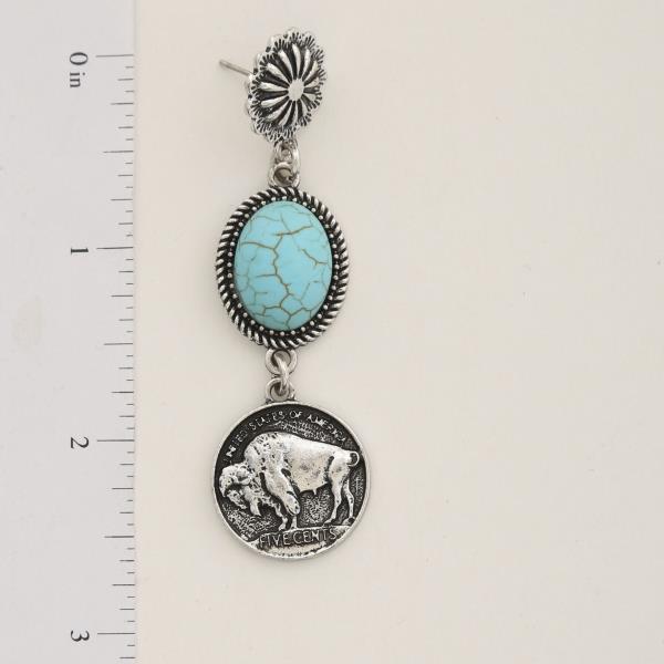 WESTERN STYLE COIN TURQUOISE BEAD DANGLE EARRING