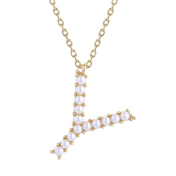 14K GOLD DIPPED PEARL INITIAL NECKLACE BRASS/ PEARL/ HYPOALLERGENIC; DIAMETER 1.5cm