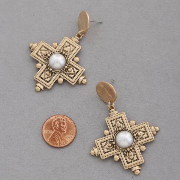 CROSS PEARL BEAD METAL DANGLE EARRING