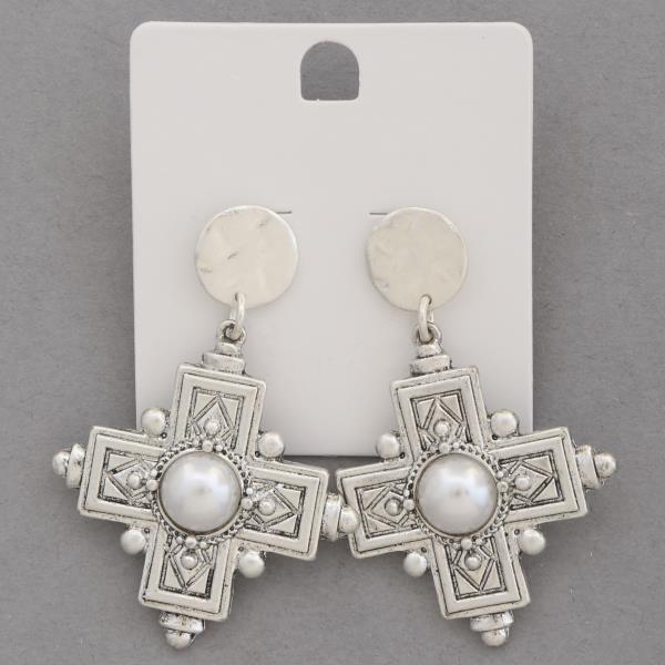 CROSS PEARL BEAD METAL DANGLE EARRING