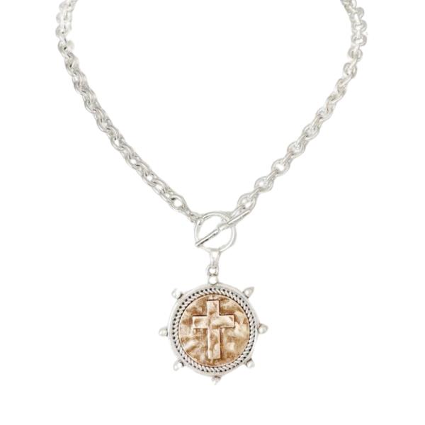 CROSS COIN TOGGLE CLASP METAL NECKLACE