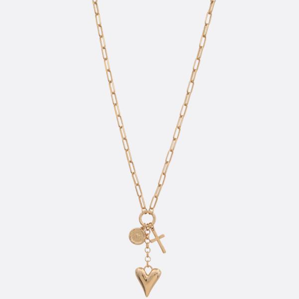 DAINTY HEART CROSS OVAL LINK METAL NECKLACE