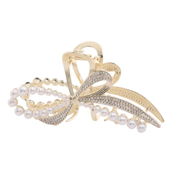 PEARL BEAD RHINESTONE RIBBON SHAPE CLAW HAIR CLIP