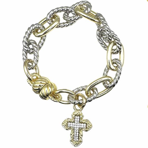 TWO TONE LINK CZ CROSS CHARM BRACELET