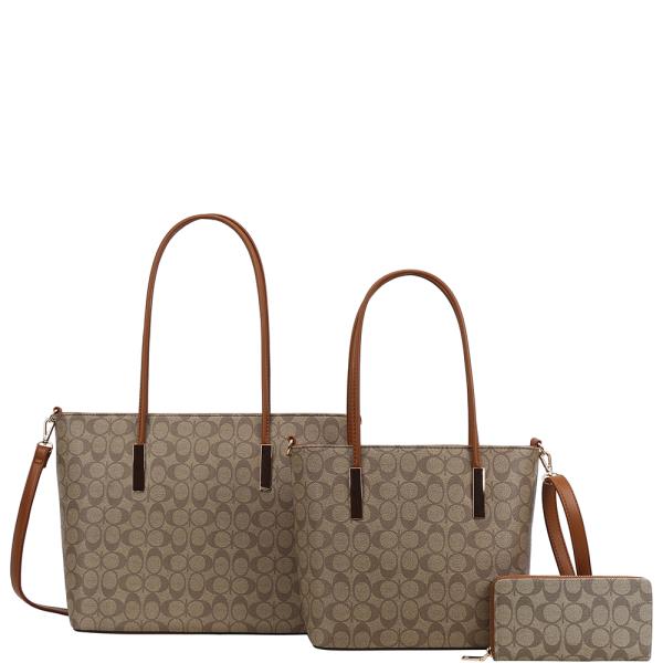 3IN1 OVAL PRINTED TOTE W MATCHING BAG AND WALLET SET